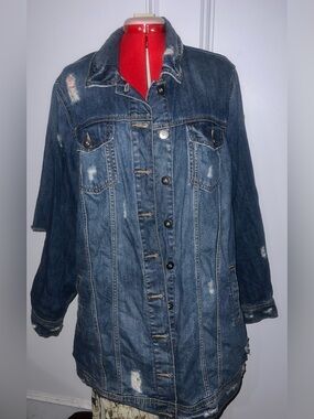 Torrid Denim Long Line Distressedp Dark Blue Denim Jacket size 3X
